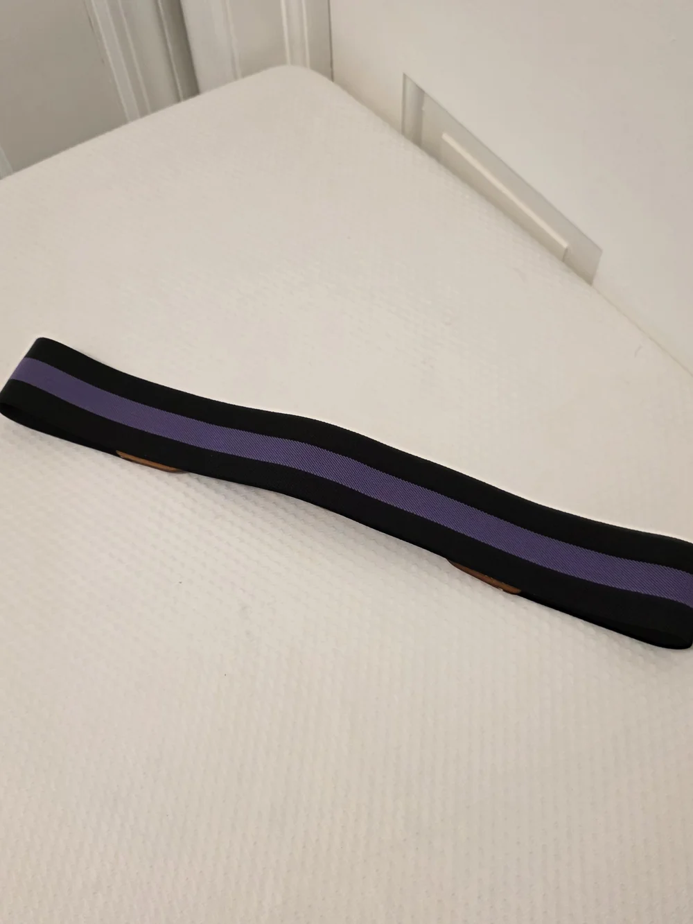 EC J. McLaughlin Black & Purple Striped Stretch Belt Brown Leather Trim Sz L/XL